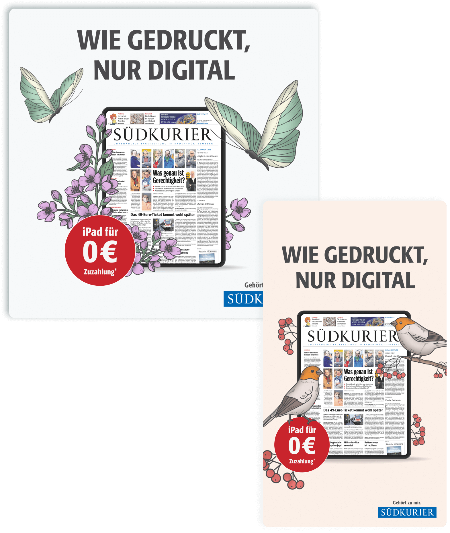 Custom illustration ad design in square and story format for S&Uuml;DKURIERs Spring Bundle campaign, highlighting vibrant spring themes and promotional messaging.